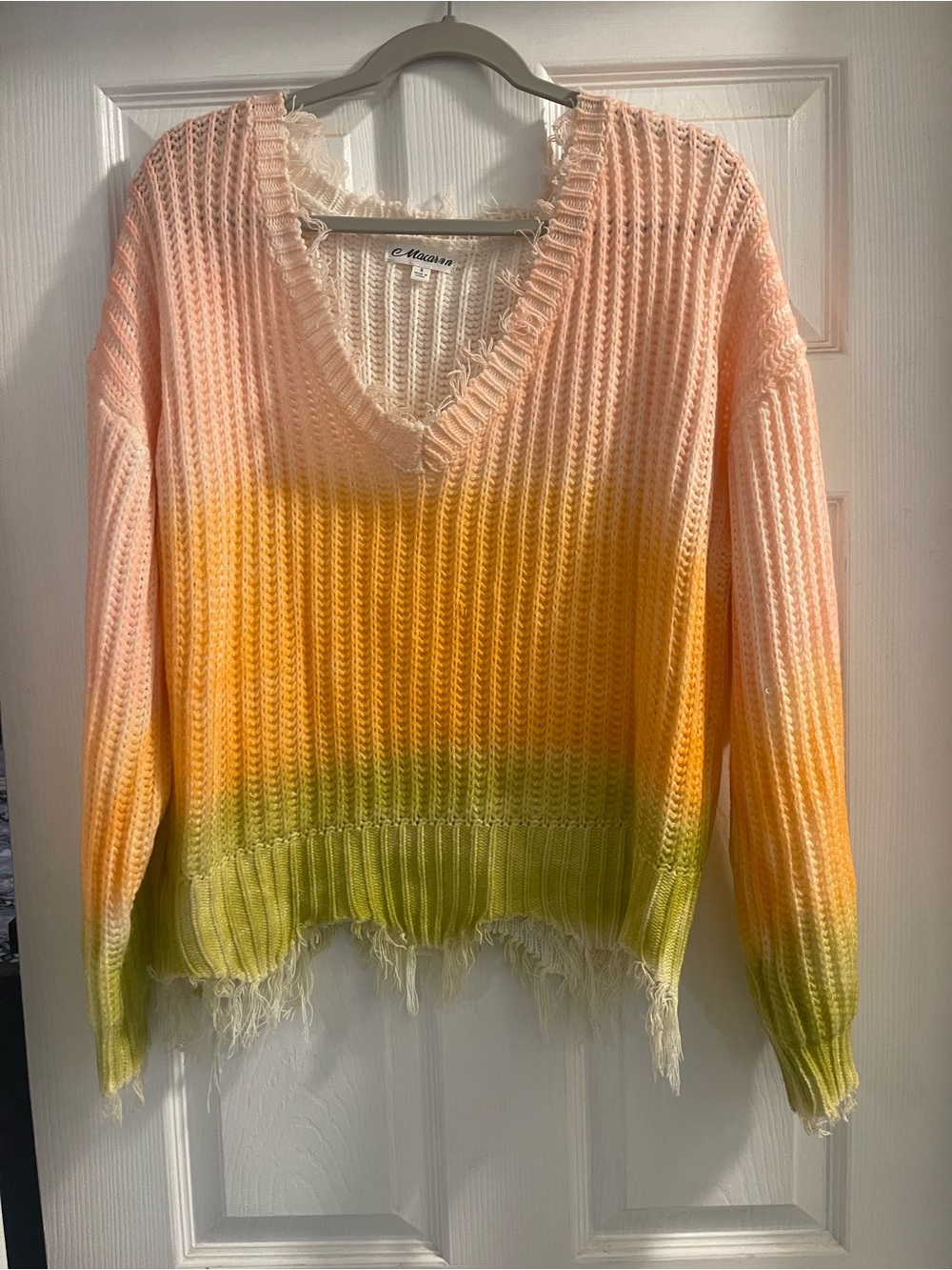 MACARON Gradient V-Neck Distressed Knit Sweater - Peach, Yellow, Lime Green